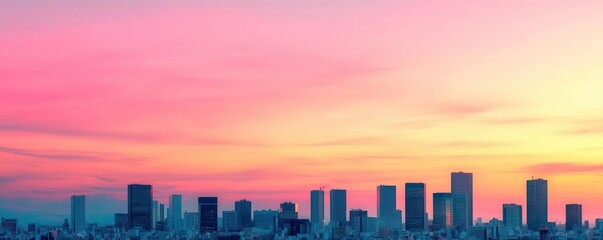 Obraz premium Stunning skyline view at dusk with vibrant pink and orange hues illuminating the cityscape.