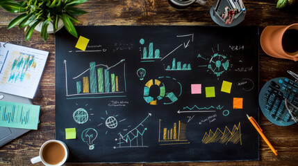 Business plan template on desk with sticky notes and charts, showcasing creativity and organization.