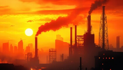 Fototapeta premium Stunning sunset over an industrial landscape, showcasing smokestacks silhouetted against a vibrant orange sky.
