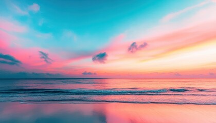 Obraz premium Stunning seascape with vibrant colors during sunset, showcasing calming waves and a breathtaking sky filled with pastel hues.