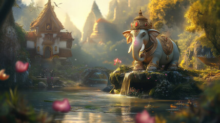 Fototapeta premium Majestic elephant by serene river, surrounded by lush greenery and tranquil village. scene captures magical atmosphere with flowers and waterfall.