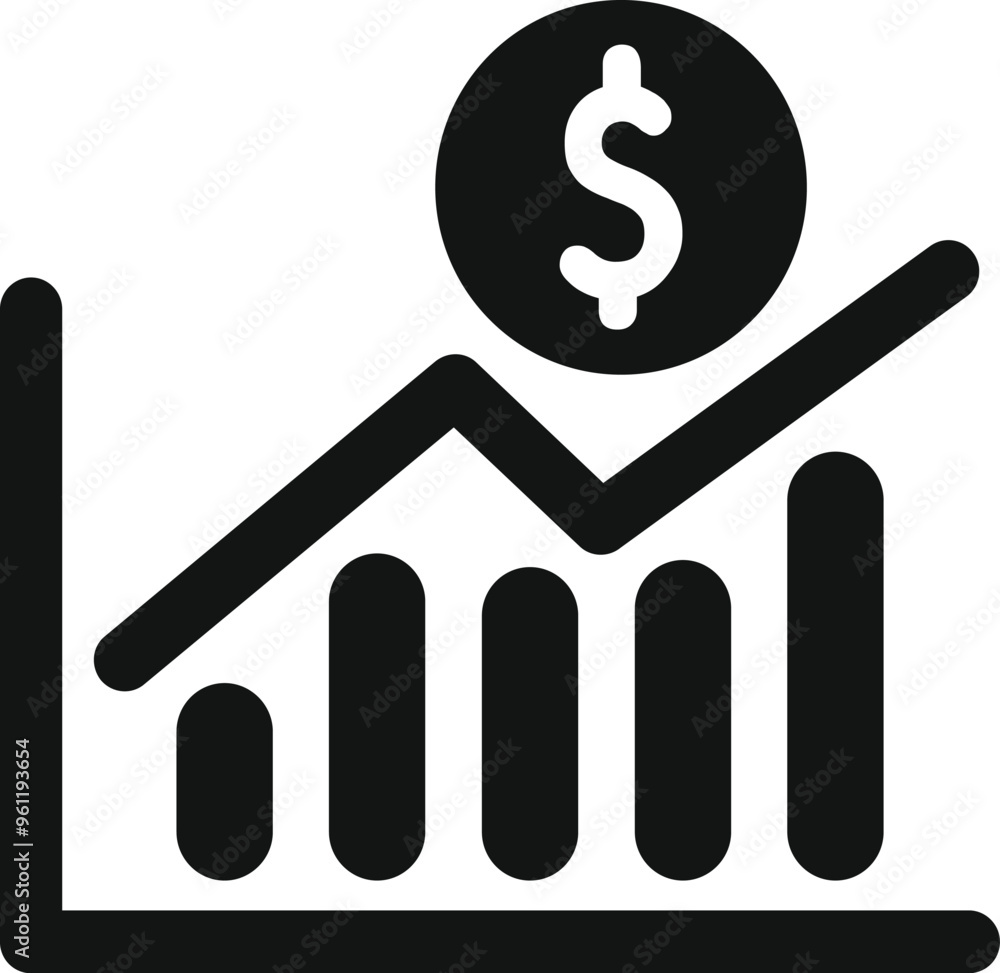 Poster this simple vector icon represents growing revenue with a dollar coin and a line chart