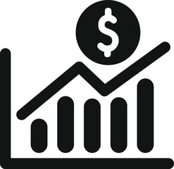 This simple vector icon represents growing revenue with a dollar coin and a line chart