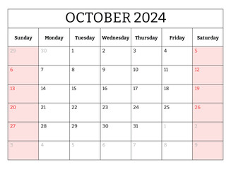 October 2024 ENGLISH month calendar. Vector printable illustration. Monthly planning for business events