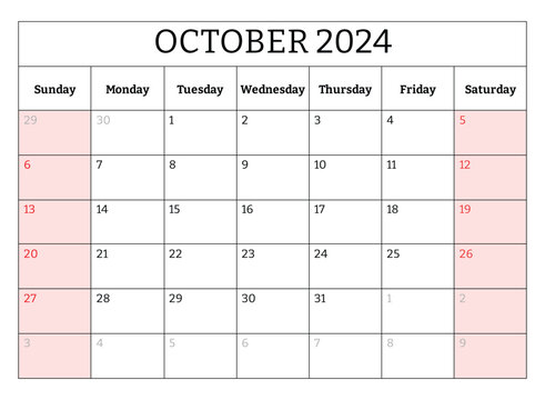 October 2024 ENGLISH month calendar. Vector printable illustration. Monthly planning for business events