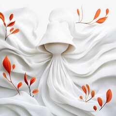 Obraz premium A whimsical figure draped in flowing white fabric, surrounded by vibrant orange leaves, creates serene and artistic atmosphere.