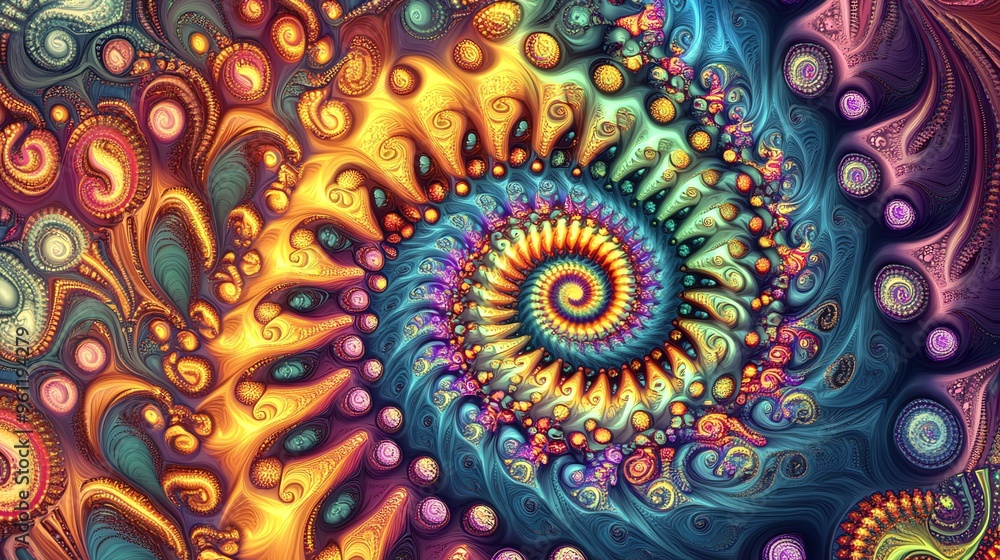 Poster abstract colorful fractal pattern with a central spiral.
