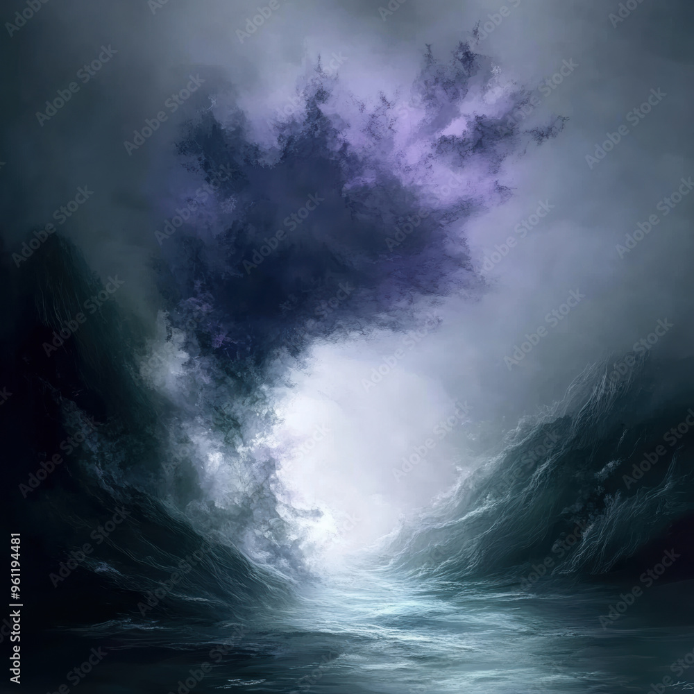 Poster mysterious dark clouds loom over turbulent waters, creating an atmospheric scene filled with intrigu