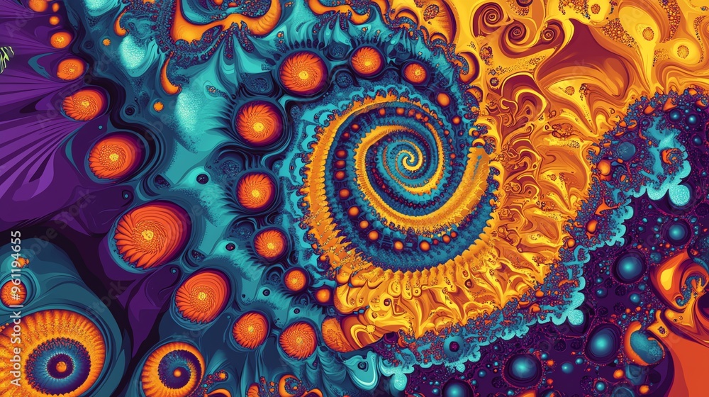 Poster abstract psychedelic background with swirling patterns and vibrant colors.