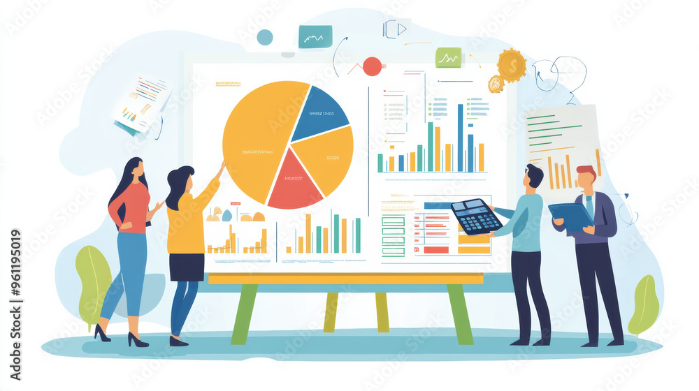 Poster strategic business plan with pie chart and bar graphs displayed on board, showcasing teamwork and an