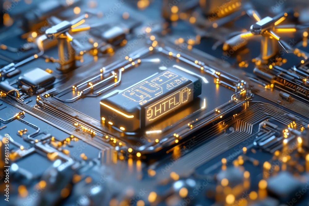 Poster a close-up view of a modern microchip on a circuit board showcasing intricate details and glowing el