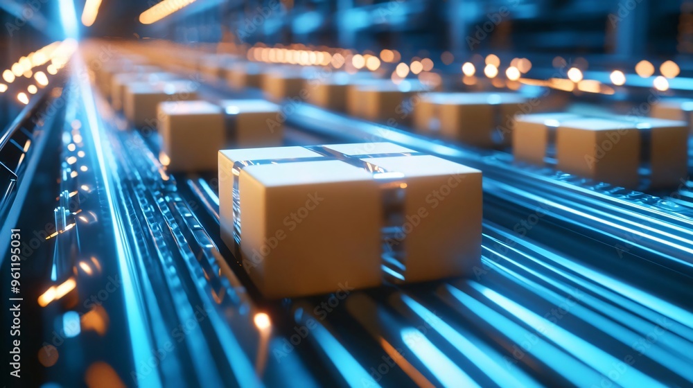 Poster a close-up view of packages moving on a conveyor belt in a modern warehouse, showcasing efficiency a