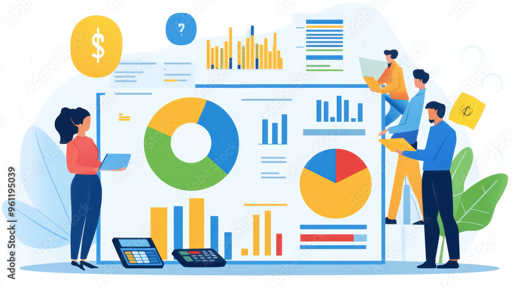 Poster data analysis and business strategy are illustrated with charts and graphs, showcasing teamwork and 