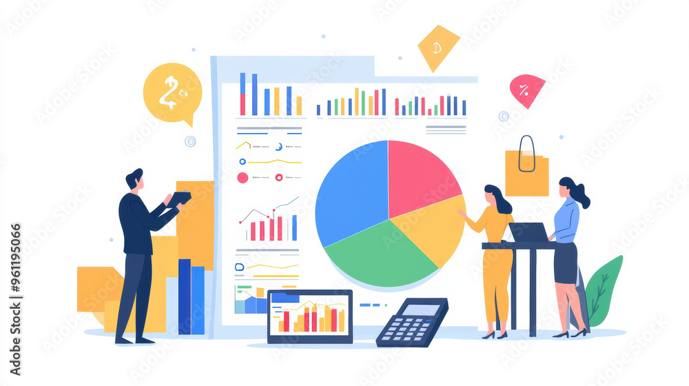 Poster business analysis with charts and graphs, showcasing teamwork and strategy.