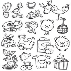 Cute and playful doodles of animals, fruits, and objects, perfect for toddlers coloring book. These charming illustrations inspire creativity and joy.