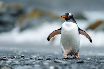 Naklejka premium Penguin Walking on Two Legs Near the Ocean with Orange Feet and Black Face, Vibrant Colors