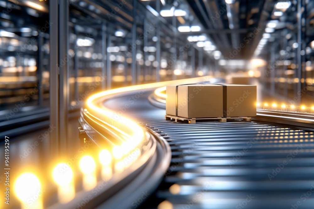 Poster a modern conveyor belt system transporting boxes in a warehouse, illuminated by glowing lights, show