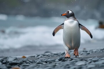 Obraz premium Penguin Walking on Two Legs Near the Ocean with Orange Feet and Black Face, Vibrant Colors