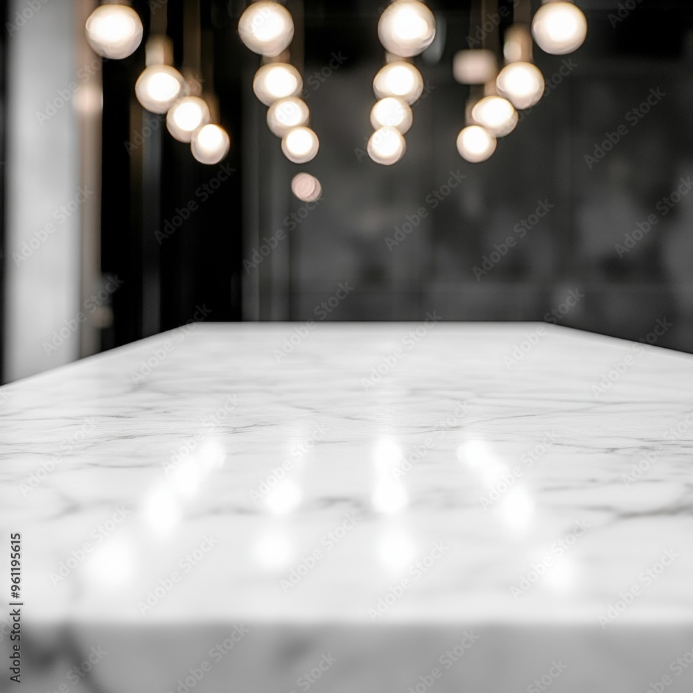 Poster minimalist white marble table with festive bokeh lights in modern office setting