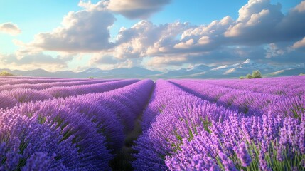 Obraz premium Organic lavender field, rows of purple flowers under a blue sky, 3D illustration