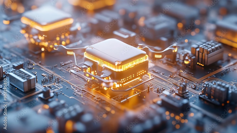 Poster close-up view of a futuristic circuit board with glowing components, showcasing advanced technology 