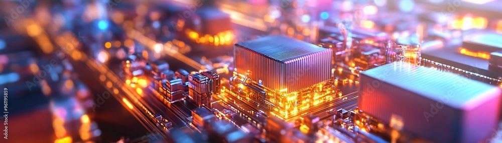 Poster close-up view of a vibrant circuit board with glowing components showcasing advanced technology and 
