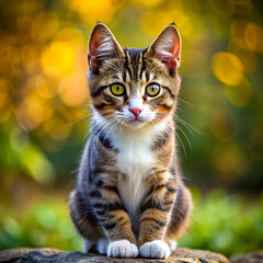 Fototapeta premium a small striped kitten with white paws and attentive gaze, abandoned on the street alone