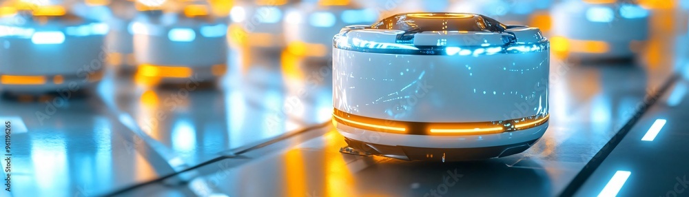 Poster futuristic automated device in a high-tech environment, showcasing vibrant lights and seamless desig