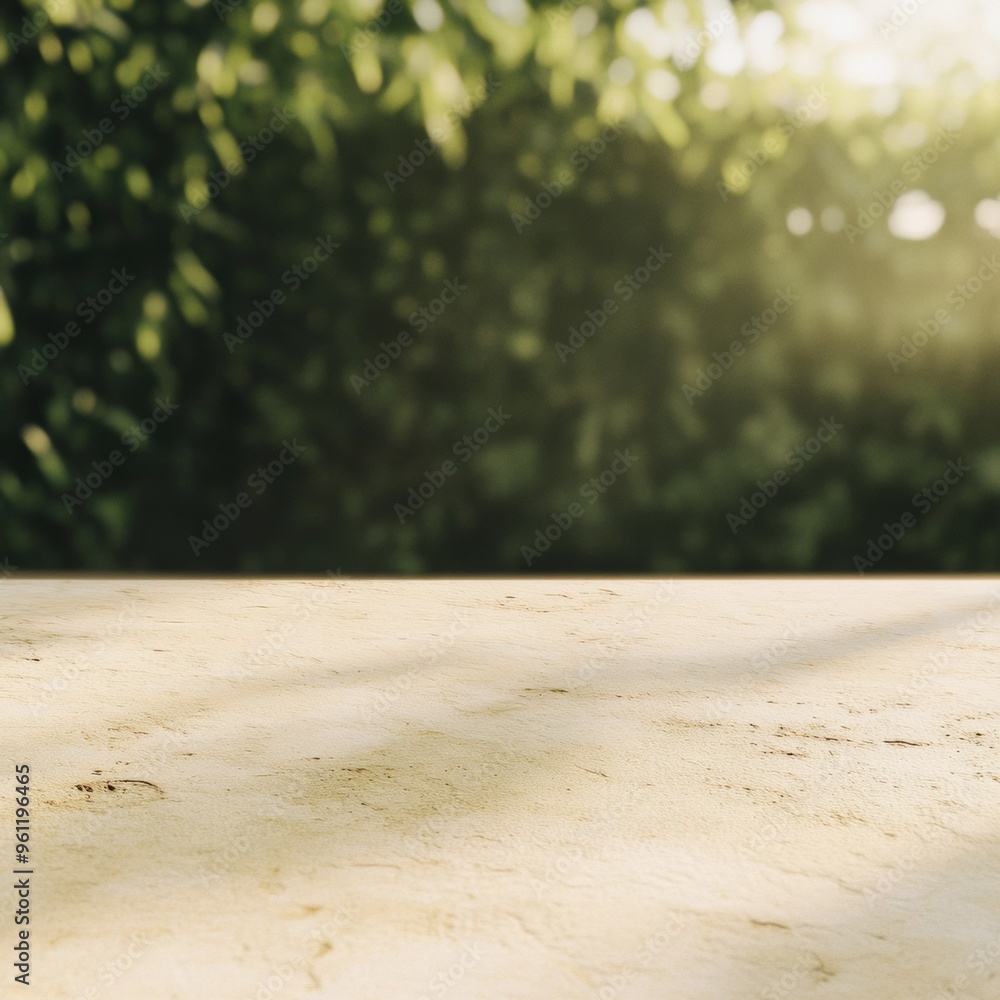 Poster minimal beige stone table with blurred garden background, sunlit soft bokeh effect, calm and natural