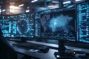 High-tech control center with multiple monitors displaying data analysis and global mapping. Ideal for technology and cybersecurity themes.