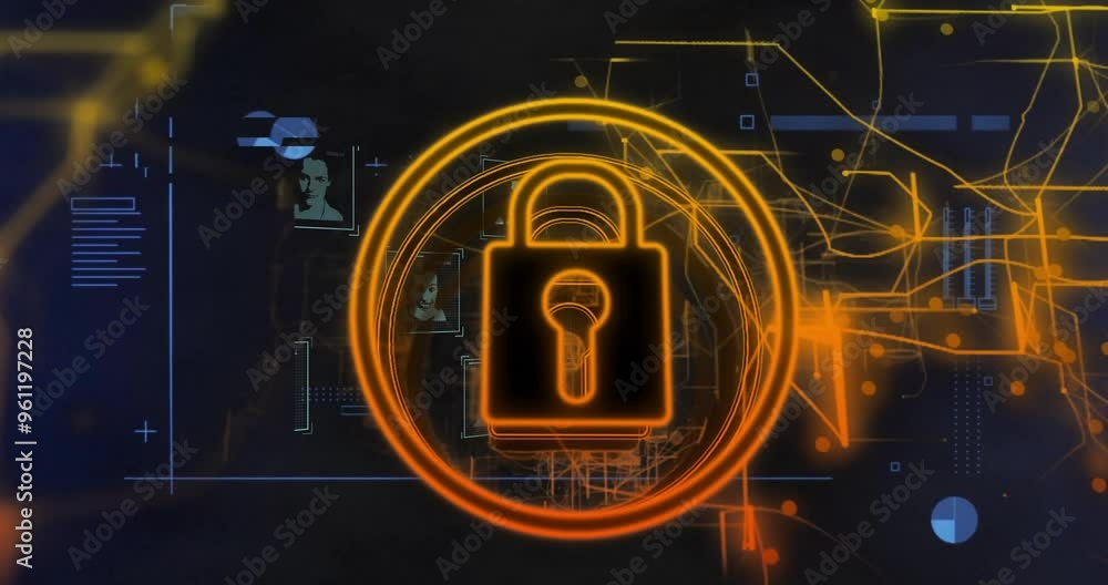 Poster lock icon and digital connections, data security animation over abstract background