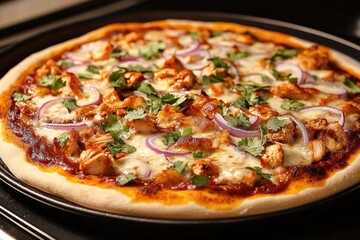 A BBQ chicken pizza topped with red onions, cilantro, and mozzarella, fresh out of the oven