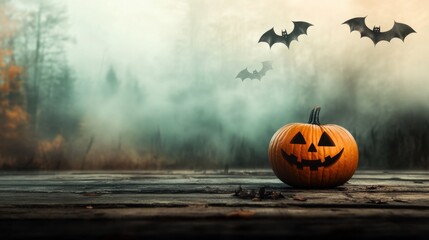 Halloween Jack o  lantern with Bats on a Wooden Table