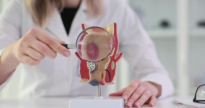 Proctologist holds magnifying glass and anatomical model of rectum with hemorrhoids.