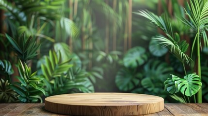 Obraz premium Tropical garden backdrop with wooden podium, green plants, and copy space for organic product promotion.
