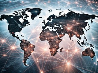 Global business network illustrated with a world map, globe, and digital code elements