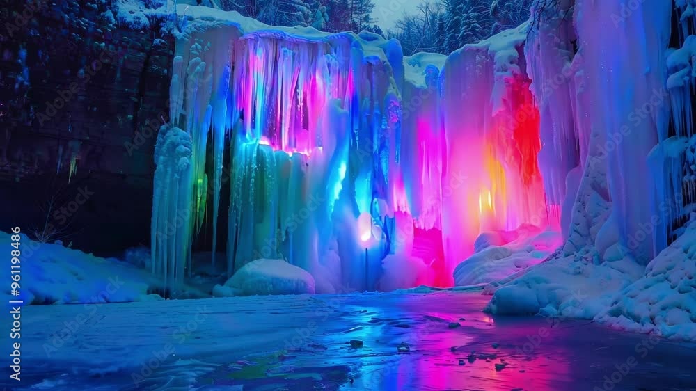 Poster mesmerizing scene of a frozen waterfall glowing with vibrant colors from artificial lights, creating