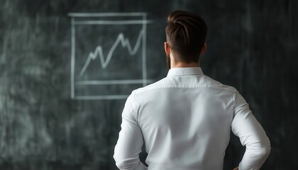 Professional man analyzing growth chart on blackboard, showcasing data insights and business strategy in a modern office environment.