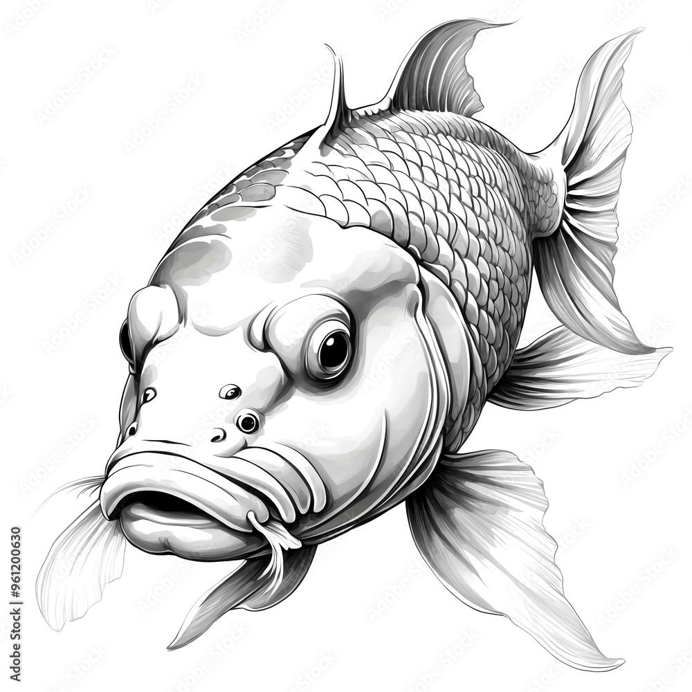 Wall mural koi fish head black and white sketch on plain white background