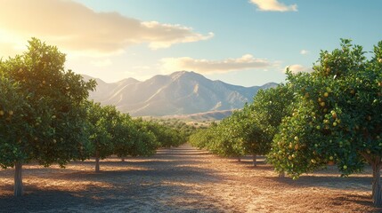Organic almond orchard, trees full of almonds ready for harvest, 3D illustration