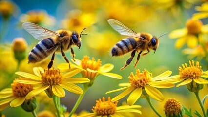 A swarm of sweet bumble bees buzz around a plethora of vibrant yellow flowers, collecting nectar and spreading pollen in the warm sunlight.