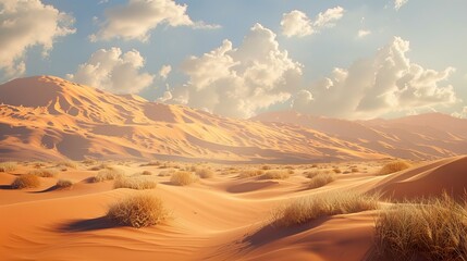 Naklejka premium A vast expanse of sand dunes under a clear blue sky with scattered clouds, creating a dramatic and picturesque landscape.
