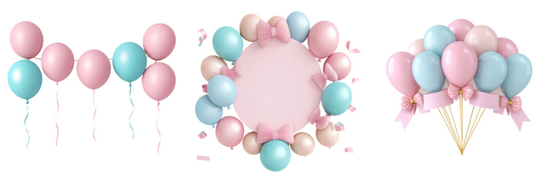 A 3D baby shower banner with pastel colors and balloons celebration decoration soft tones isolated on white and transparent background