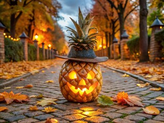 A jack-o-lantern pineapple with a mischievous grin, adorned with glowing orange eyes and a stem that doubles as a witch's hat, resting on a cobblestone path surrounded by autumn leaves.