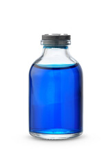 Clear Glass Bottle Containing Bright Blue Liquid on a White Background