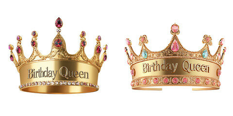 3D Birthday Crown with Gems and Birthday Queen Text Celebration Accessory Shiny Gold Isolated on White and Transparent Background