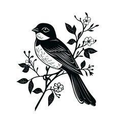 Bird silhouette on a branch with floral elements woodcut style birds logo design