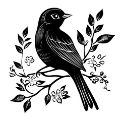 Bird silhouette on a branch with floral elements woodcut style birds logo design