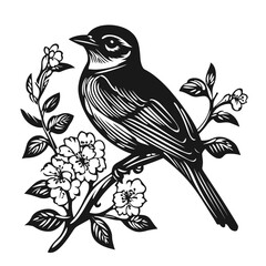 Bird silhouette on a branch with floral elements woodcut style birds logo design
