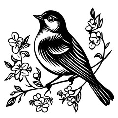 Bird silhouette on a branch with floral elements woodcut style birds logo design